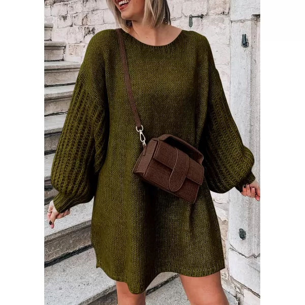 imagePRETTYGARDEN Womens 2024 Fall Pullover Sweaters Long Lantern Sleeve Crewneck Chunky Knit Slouchy Sweater DressArmy Green