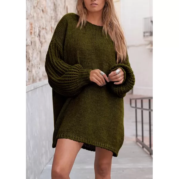 imagePRETTYGARDEN Womens 2024 Fall Pullover Sweaters Long Lantern Sleeve Crewneck Chunky Knit Slouchy Sweater DressArmy Green