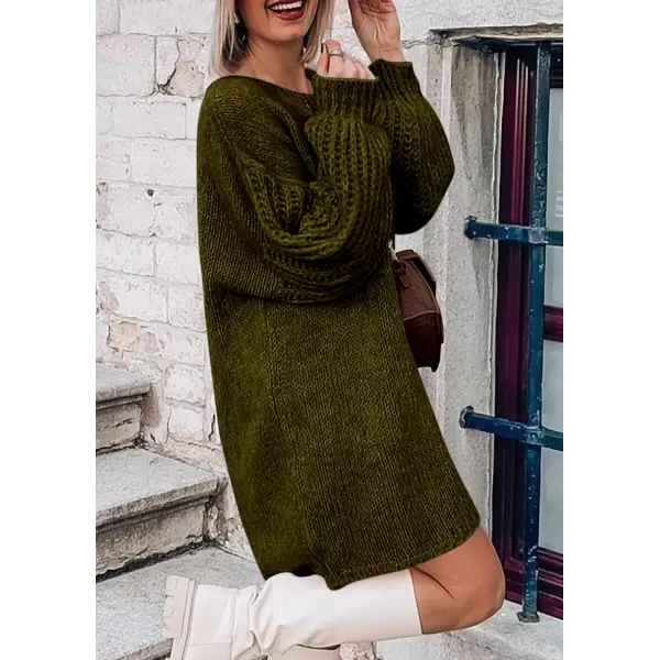 imagePRETTYGARDEN Womens 2024 Fall Pullover Sweaters Long Lantern Sleeve Crewneck Chunky Knit Slouchy Sweater DressArmy Green