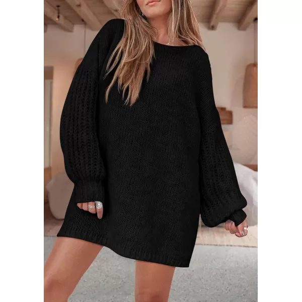 imagePRETTYGARDEN Womens 2024 Fall Pullover Sweaters Long Lantern Sleeve Crewneck Chunky Knit Slouchy Sweater DressBlack