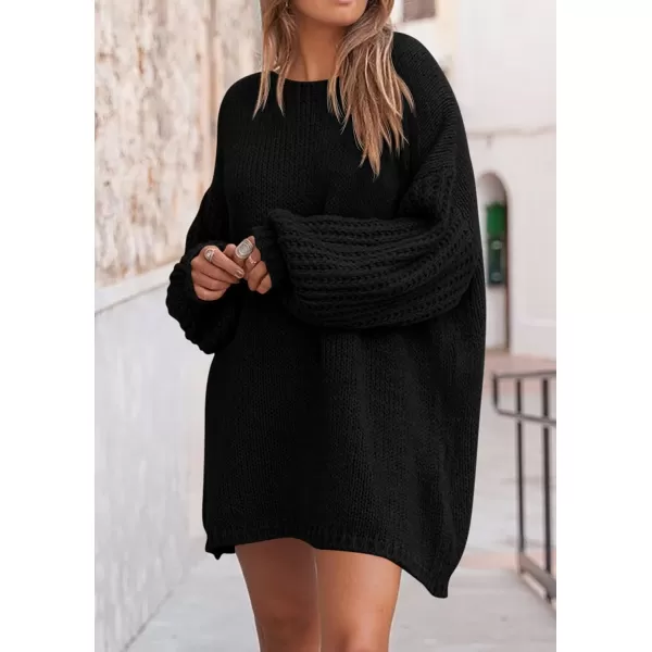 imagePRETTYGARDEN Womens 2024 Fall Pullover Sweaters Long Lantern Sleeve Crewneck Chunky Knit Slouchy Sweater DressBlack