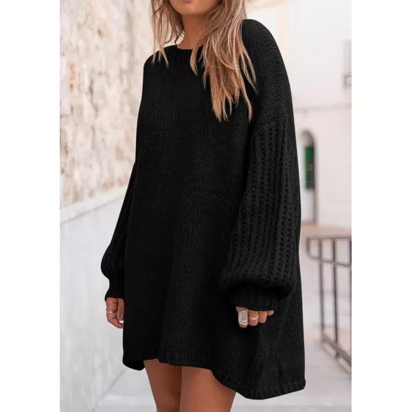 imagePRETTYGARDEN Womens 2024 Fall Pullover Sweaters Long Lantern Sleeve Crewneck Chunky Knit Slouchy Sweater DressBlack