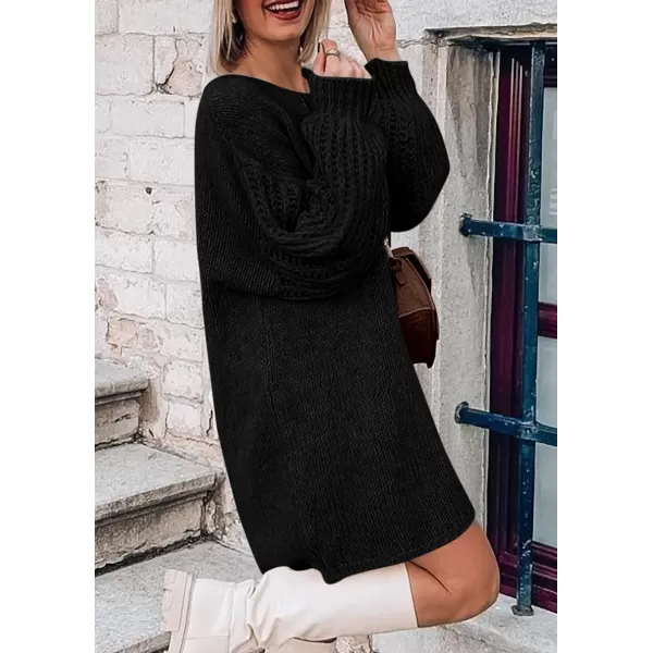 imagePRETTYGARDEN Womens 2024 Fall Pullover Sweaters Long Lantern Sleeve Crewneck Chunky Knit Slouchy Sweater DressBlack