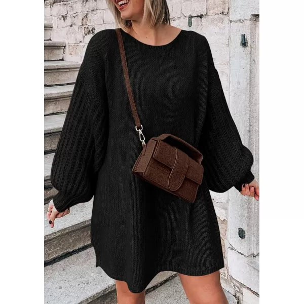 imagePRETTYGARDEN Womens 2024 Fall Pullover Sweaters Long Lantern Sleeve Crewneck Chunky Knit Slouchy Sweater DressBlack
