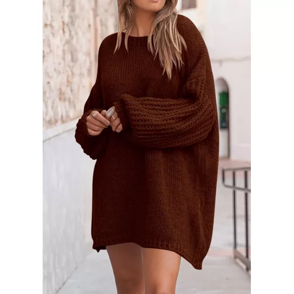 imagePRETTYGARDEN Womens 2024 Fall Pullover Sweaters Long Lantern Sleeve Crewneck Chunky Knit Slouchy Sweater DressCoffee