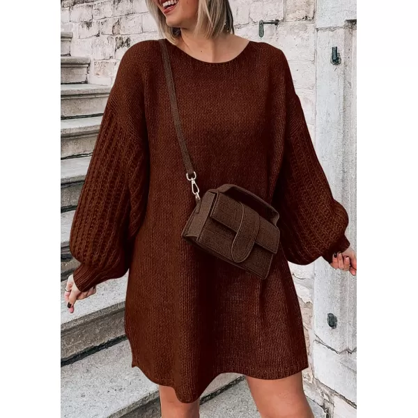 imagePRETTYGARDEN Womens 2024 Fall Pullover Sweaters Long Lantern Sleeve Crewneck Chunky Knit Slouchy Sweater DressCoffee