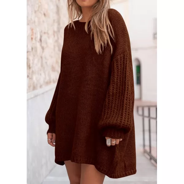 imagePRETTYGARDEN Womens 2024 Fall Pullover Sweaters Long Lantern Sleeve Crewneck Chunky Knit Slouchy Sweater DressCoffee