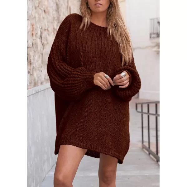 imagePRETTYGARDEN Womens 2024 Fall Pullover Sweaters Long Lantern Sleeve Crewneck Chunky Knit Slouchy Sweater DressCoffee