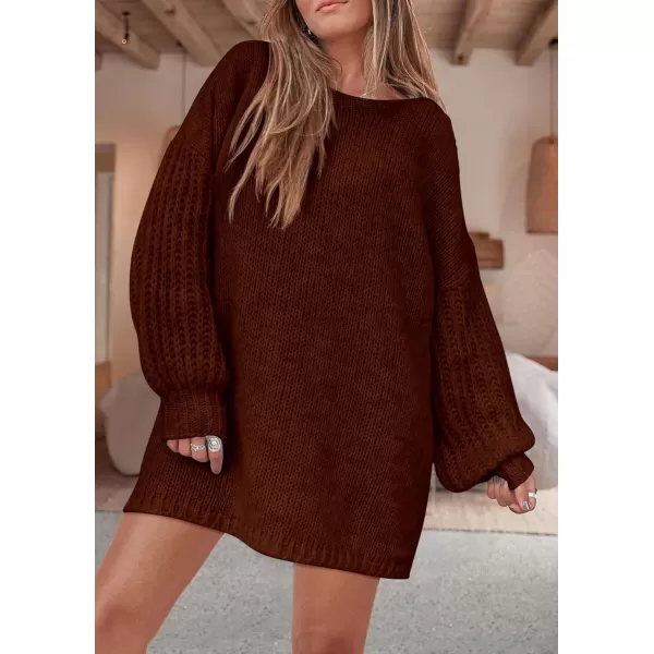 imagePRETTYGARDEN Womens 2024 Fall Pullover Sweaters Long Lantern Sleeve Crewneck Chunky Knit Slouchy Sweater DressCoffee