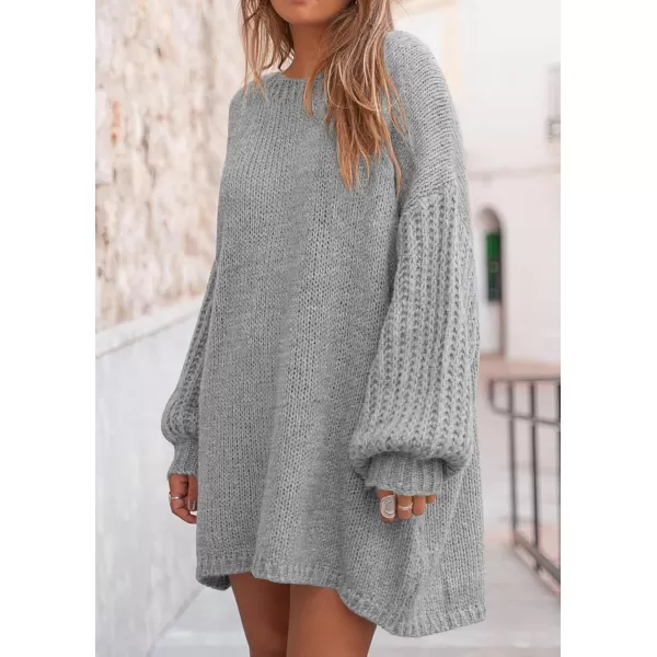 imagePRETTYGARDEN Womens 2024 Fall Pullover Sweaters Long Lantern Sleeve Crewneck Chunky Knit Slouchy Sweater DressGrey