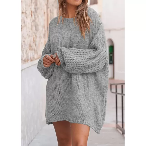 imagePRETTYGARDEN Womens 2024 Fall Pullover Sweaters Long Lantern Sleeve Crewneck Chunky Knit Slouchy Sweater DressGrey