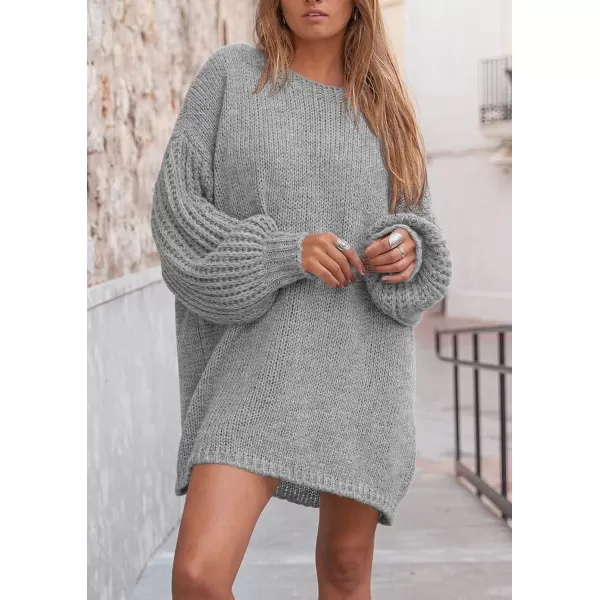 imagePRETTYGARDEN Womens 2024 Fall Pullover Sweaters Long Lantern Sleeve Crewneck Chunky Knit Slouchy Sweater DressGrey