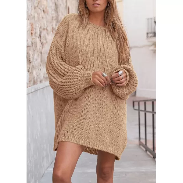 imagePRETTYGARDEN Womens 2024 Fall Pullover Sweaters Long Lantern Sleeve Crewneck Chunky Knit Slouchy Sweater DressKhaki
