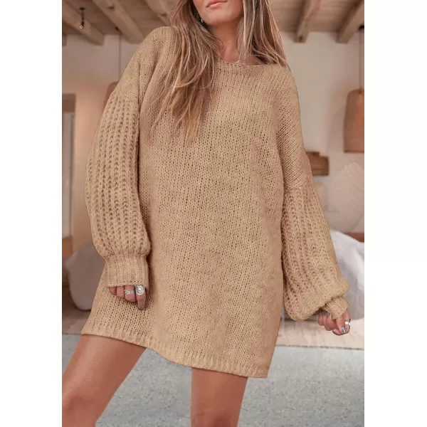 imagePRETTYGARDEN Womens 2024 Fall Pullover Sweaters Long Lantern Sleeve Crewneck Chunky Knit Slouchy Sweater DressKhaki