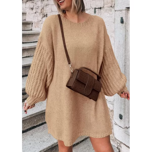 imagePRETTYGARDEN Womens 2024 Fall Pullover Sweaters Long Lantern Sleeve Crewneck Chunky Knit Slouchy Sweater DressKhaki