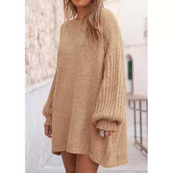 imagePRETTYGARDEN Womens 2024 Fall Pullover Sweaters Long Lantern Sleeve Crewneck Chunky Knit Slouchy Sweater DressKhaki