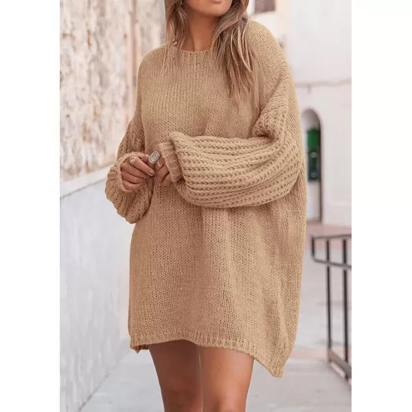 imagePRETTYGARDEN Womens 2024 Fall Pullover Sweaters Long Lantern Sleeve Crewneck Chunky Knit Slouchy Sweater DressKhaki