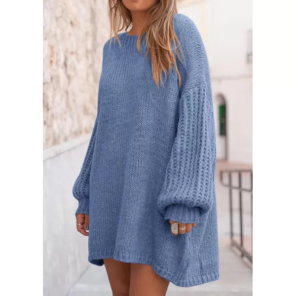 imagePRETTYGARDEN Womens 2024 Fall Pullover Sweaters Long Lantern Sleeve Crewneck Chunky Knit Slouchy Sweater DressMist Blue