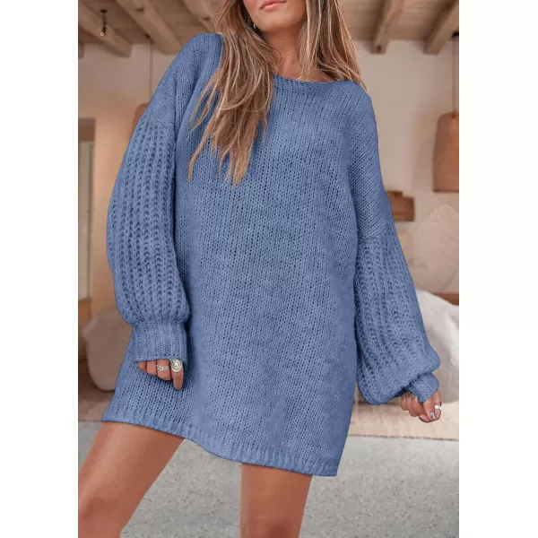imagePRETTYGARDEN Womens 2024 Fall Pullover Sweaters Long Lantern Sleeve Crewneck Chunky Knit Slouchy Sweater DressMist Blue