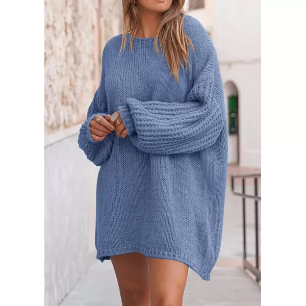 imagePRETTYGARDEN Womens 2024 Fall Pullover Sweaters Long Lantern Sleeve Crewneck Chunky Knit Slouchy Sweater DressMist Blue