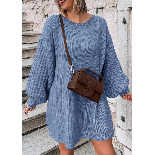 imagePRETTYGARDEN Womens 2024 Fall Pullover Sweaters Long Lantern Sleeve Crewneck Chunky Knit Slouchy Sweater DressMist Blue