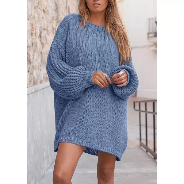 imagePRETTYGARDEN Womens 2024 Fall Pullover Sweaters Long Lantern Sleeve Crewneck Chunky Knit Slouchy Sweater DressMist Blue