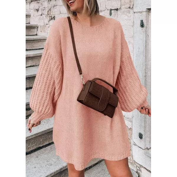 imagePRETTYGARDEN Womens 2024 Fall Pullover Sweaters Long Lantern Sleeve Crewneck Chunky Knit Slouchy Sweater DressPink