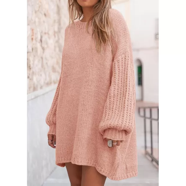 imagePRETTYGARDEN Womens 2024 Fall Pullover Sweaters Long Lantern Sleeve Crewneck Chunky Knit Slouchy Sweater DressPink