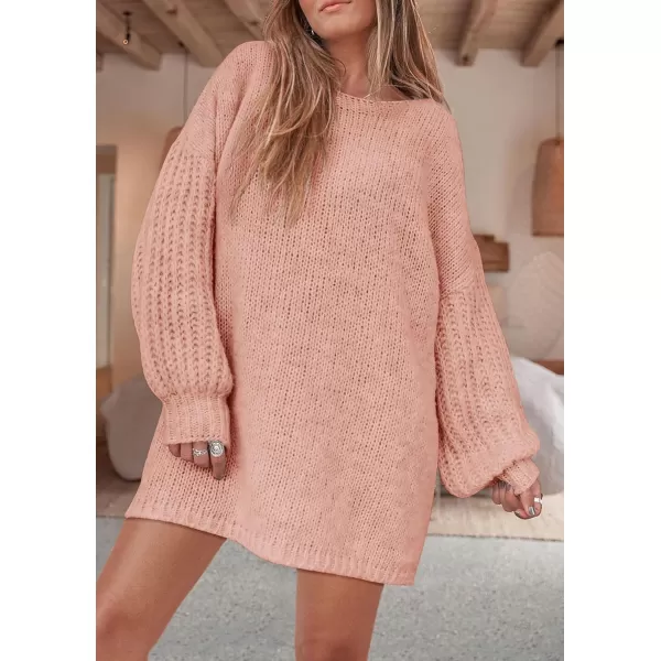 imagePRETTYGARDEN Womens 2024 Fall Pullover Sweaters Long Lantern Sleeve Crewneck Chunky Knit Slouchy Sweater DressPink