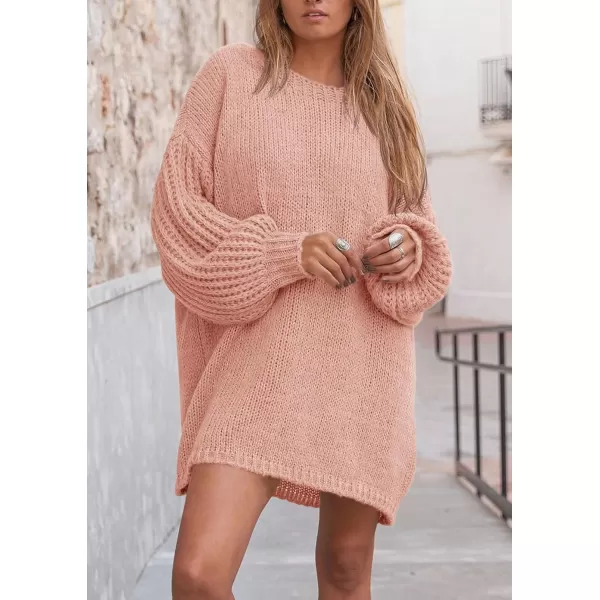 imagePRETTYGARDEN Womens 2024 Fall Pullover Sweaters Long Lantern Sleeve Crewneck Chunky Knit Slouchy Sweater DressPink