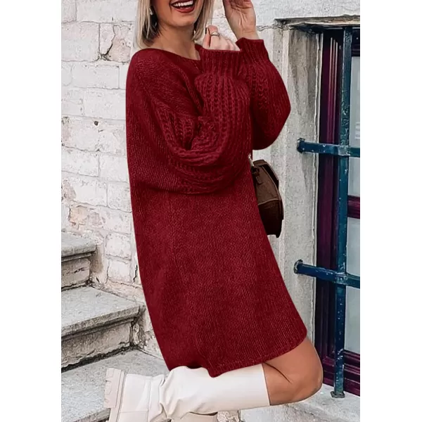 imagePRETTYGARDEN Womens 2024 Fall Pullover Sweaters Long Lantern Sleeve Crewneck Chunky Knit Slouchy Sweater DressWine Red