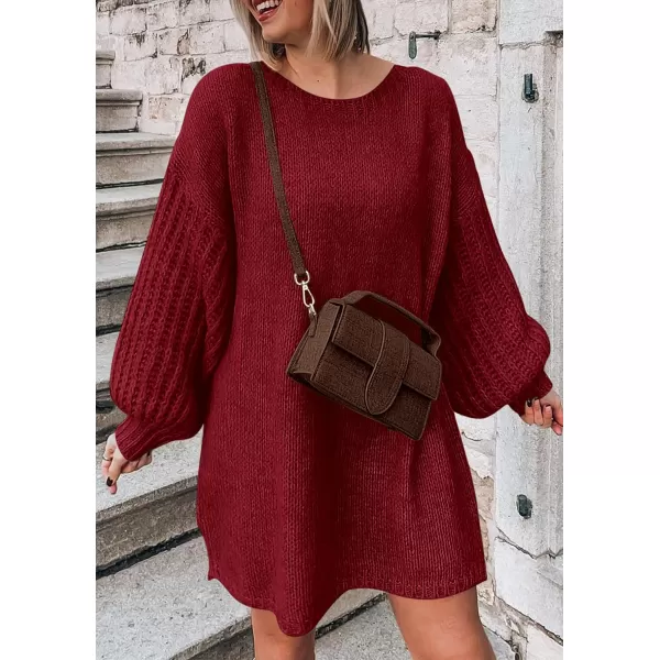 imagePRETTYGARDEN Womens 2024 Fall Pullover Sweaters Long Lantern Sleeve Crewneck Chunky Knit Slouchy Sweater DressWine Red