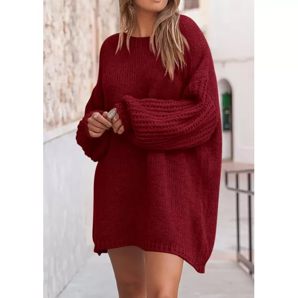 imagePRETTYGARDEN Womens 2024 Fall Pullover Sweaters Long Lantern Sleeve Crewneck Chunky Knit Slouchy Sweater DressWine Red