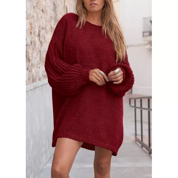 imagePRETTYGARDEN Womens 2024 Fall Pullover Sweaters Long Lantern Sleeve Crewneck Chunky Knit Slouchy Sweater DressWine Red