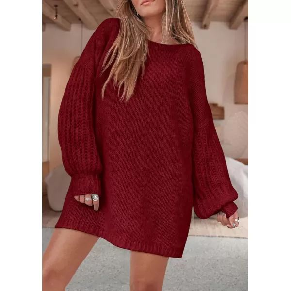 imagePRETTYGARDEN Womens 2024 Fall Pullover Sweaters Long Lantern Sleeve Crewneck Chunky Knit Slouchy Sweater DressWine Red