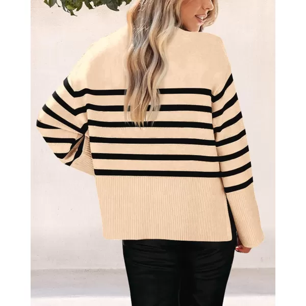 imagePRETTYGARDEN Womens 2024 Fall Striped Sweater Oversized Long Sleeve Crew Neck Side Slit Casual Trendy Knit Pullover SweatersBeige