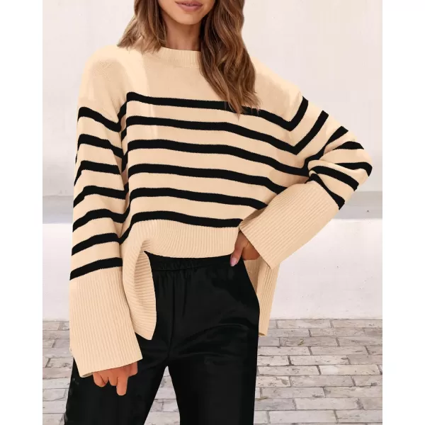 imagePRETTYGARDEN Womens 2024 Fall Striped Sweater Oversized Long Sleeve Crew Neck Side Slit Casual Trendy Knit Pullover SweatersBeige