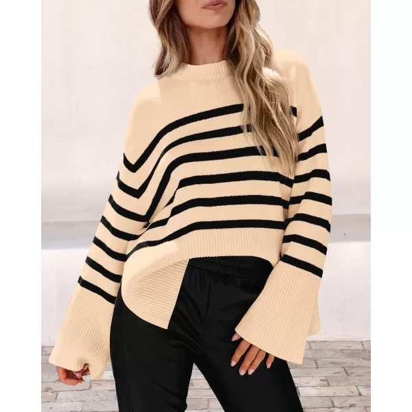 imagePRETTYGARDEN Womens 2024 Fall Striped Sweater Oversized Long Sleeve Crew Neck Side Slit Casual Trendy Knit Pullover SweatersBeige