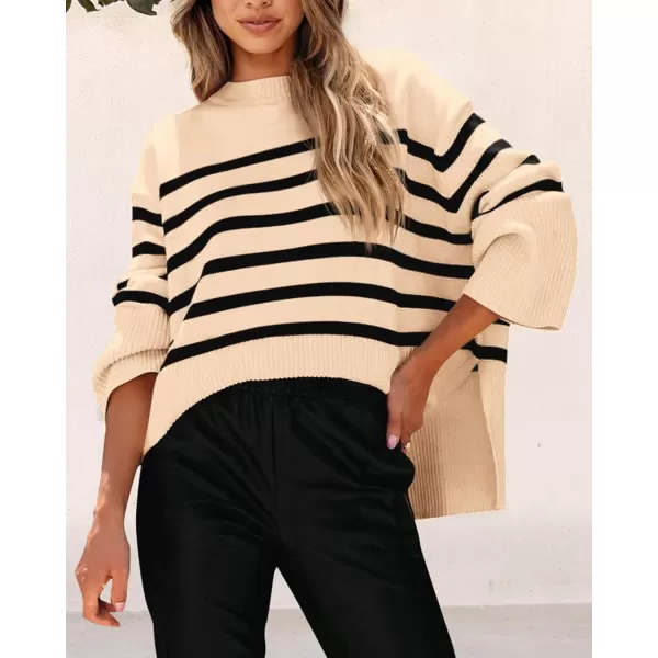 imagePRETTYGARDEN Womens 2024 Fall Striped Sweater Oversized Long Sleeve Crew Neck Side Slit Casual Trendy Knit Pullover SweatersBeige
