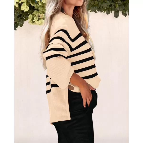 imagePRETTYGARDEN Womens 2024 Fall Striped Sweater Oversized Long Sleeve Crew Neck Side Slit Casual Trendy Knit Pullover SweatersBeige