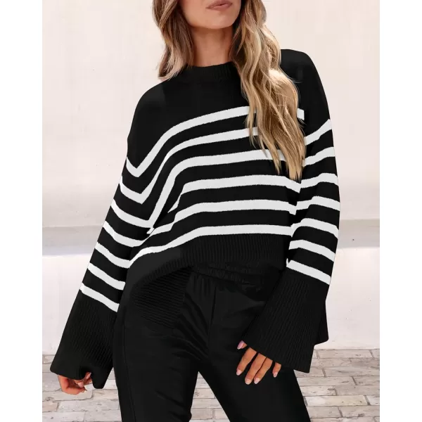 imagePRETTYGARDEN Womens 2024 Fall Striped Sweater Oversized Long Sleeve Crew Neck Side Slit Casual Trendy Knit Pullover SweatersBlack