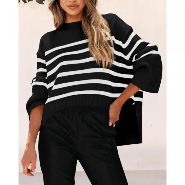 imagePRETTYGARDEN Womens 2024 Fall Striped Sweater Oversized Long Sleeve Crew Neck Side Slit Casual Trendy Knit Pullover SweatersBlack