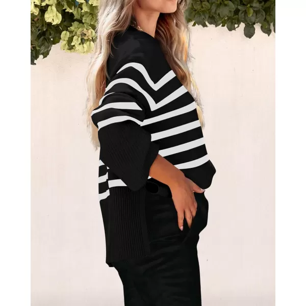 imagePRETTYGARDEN Womens 2024 Fall Striped Sweater Oversized Long Sleeve Crew Neck Side Slit Casual Trendy Knit Pullover SweatersBlack