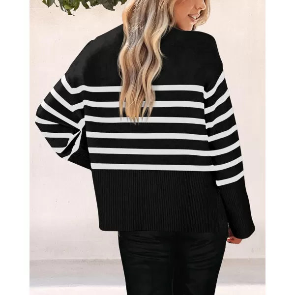 imagePRETTYGARDEN Womens 2024 Fall Striped Sweater Oversized Long Sleeve Crew Neck Side Slit Casual Trendy Knit Pullover SweatersBlack