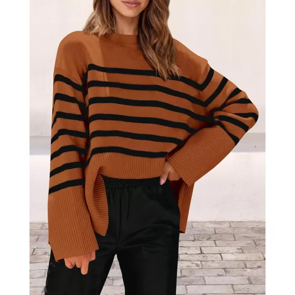 imagePRETTYGARDEN Womens 2024 Fall Striped Sweater Oversized Long Sleeve Crew Neck Side Slit Casual Trendy Knit Pullover SweatersBrown