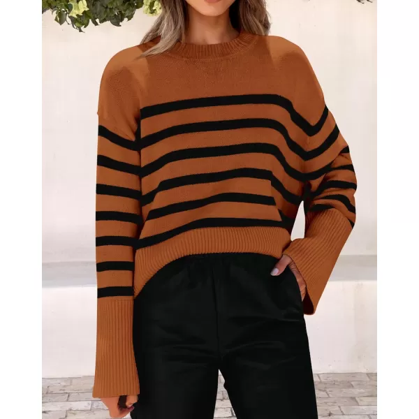 imagePRETTYGARDEN Womens 2024 Fall Striped Sweater Oversized Long Sleeve Crew Neck Side Slit Casual Trendy Knit Pullover SweatersBrown