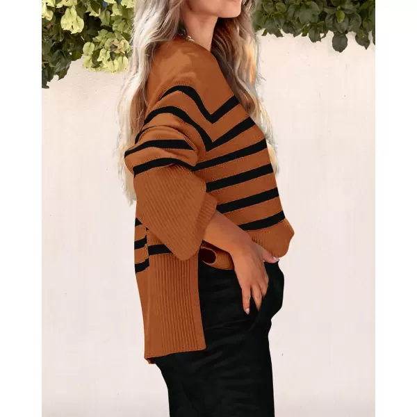 imagePRETTYGARDEN Womens 2024 Fall Striped Sweater Oversized Long Sleeve Crew Neck Side Slit Casual Trendy Knit Pullover SweatersBrown