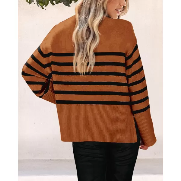 imagePRETTYGARDEN Womens 2024 Fall Striped Sweater Oversized Long Sleeve Crew Neck Side Slit Casual Trendy Knit Pullover SweatersBrown