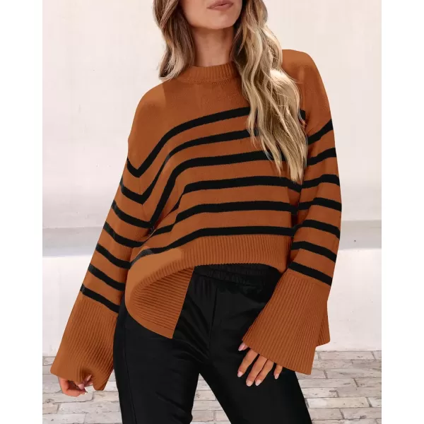 imagePRETTYGARDEN Womens 2024 Fall Striped Sweater Oversized Long Sleeve Crew Neck Side Slit Casual Trendy Knit Pullover SweatersBrown