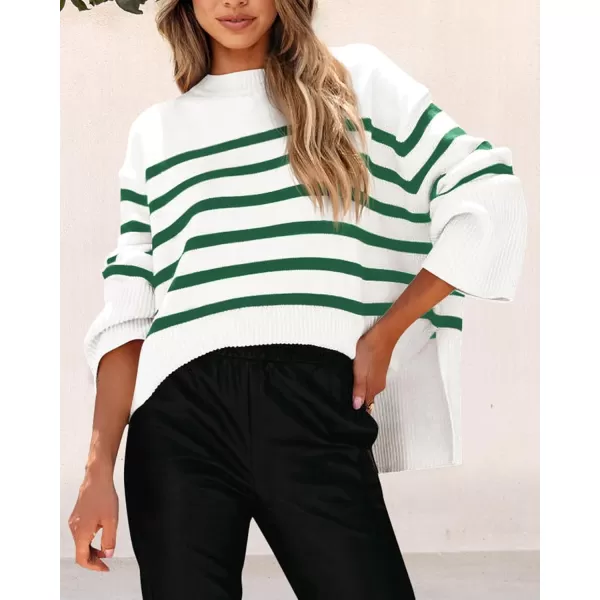 imagePRETTYGARDEN Womens 2024 Fall Striped Sweater Oversized Long Sleeve Crew Neck Side Slit Casual Trendy Knit Pullover SweatersGreen